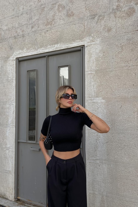 Fitilli Kısa kol Balıkçı Yaka Kazak Siyah