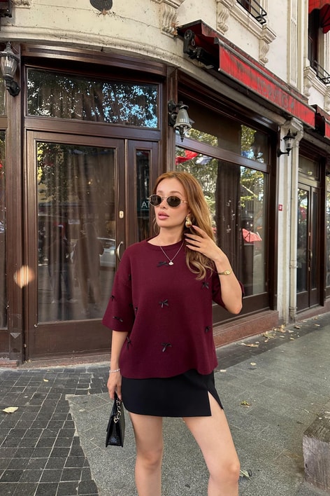 Fiyonk Detay Kısa Kol Kazak Bordo