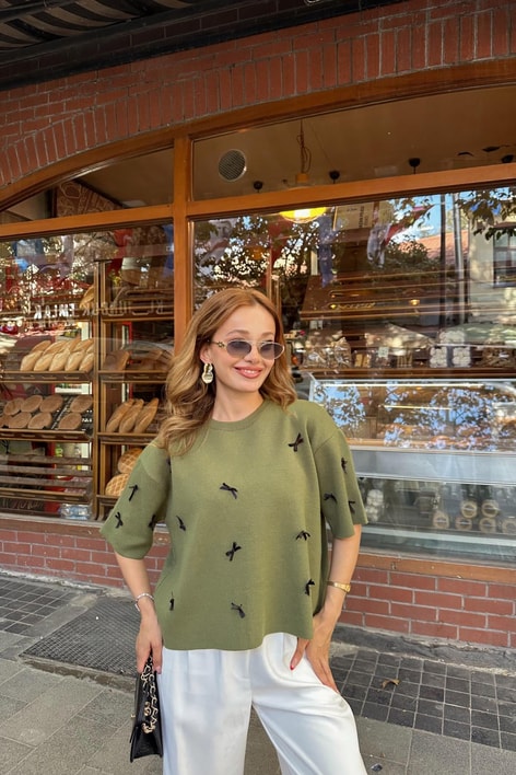 Fiyonk Detay Kısa Kol Kazak Haki