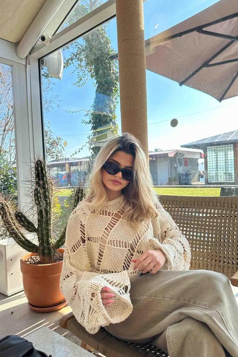 Geniş Kol Ajur Kazak Taş