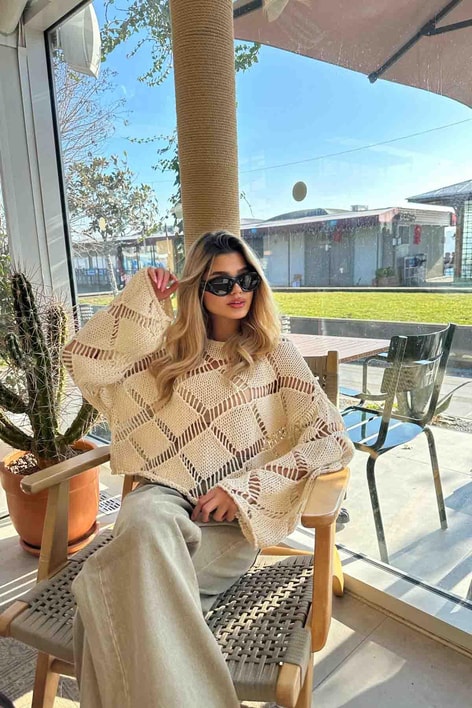 Geniş Kol Ajur Kazak Taş