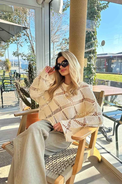 Geniş Kol Ajur Kazak Taş