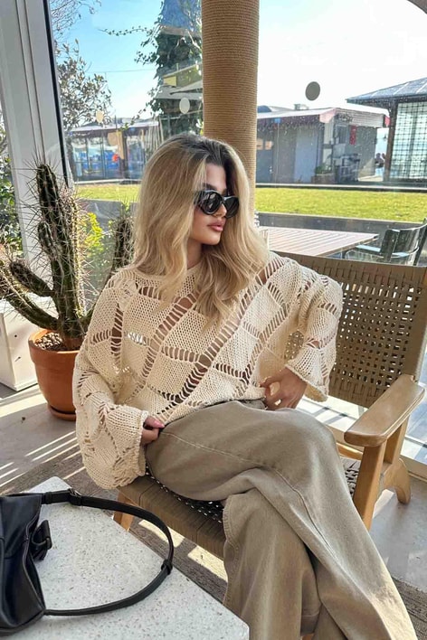 Geniş Kol Ajur Kazak Taş