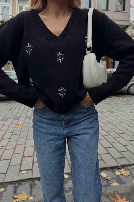 Göz Nakışlı Boncuklu Kazak Siyah