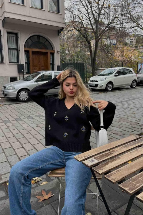 Göz Nakışlı Boncuklu Kazak Siyah