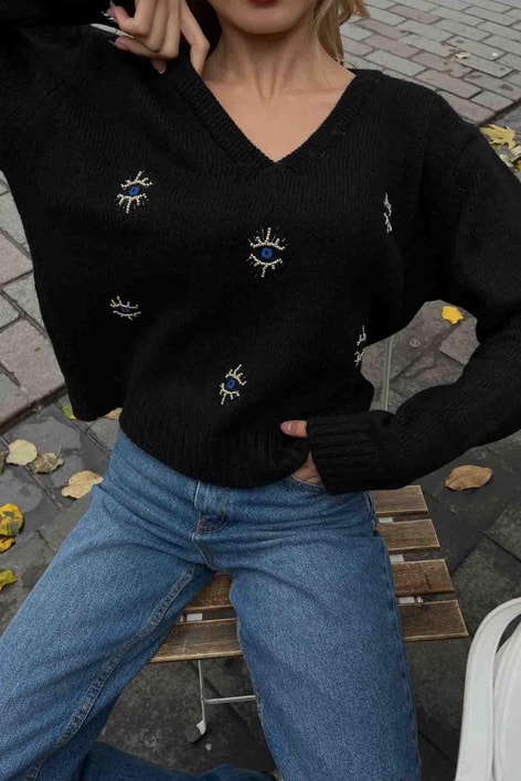 Göz Nakışlı Boncuklu Kazak Siyah