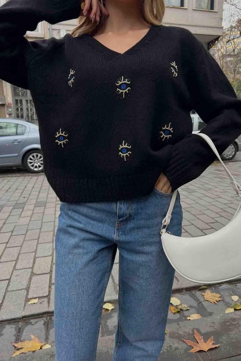 Göz Nakışlı Boncuklu Kazak Siyah