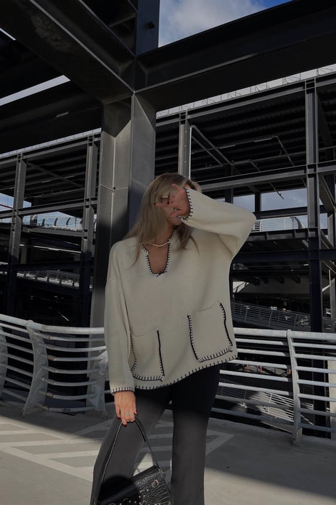 İlmek Detaylı Örme Triko Kazak Krem