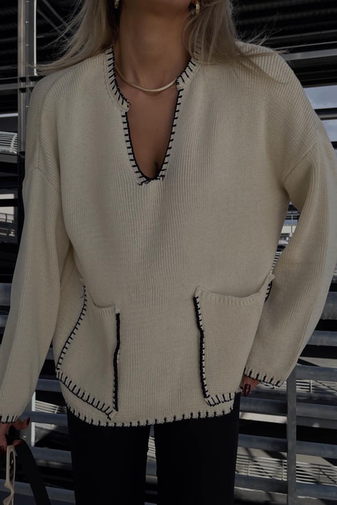 İlmek Detaylı Örme Triko Kazak Krem