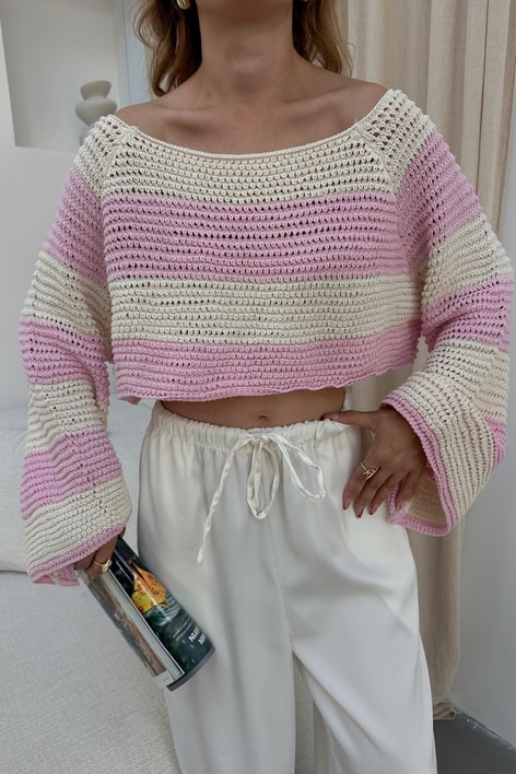 Kalın Şerit Crop Kazak Pembe