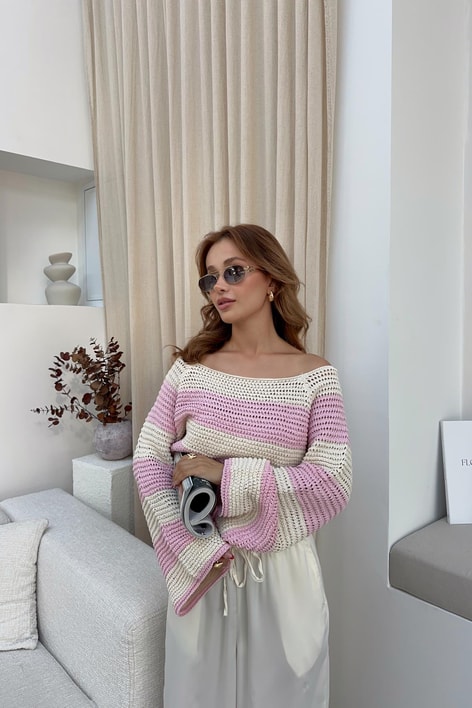 Kalın Şerit Crop Kazak Pembe