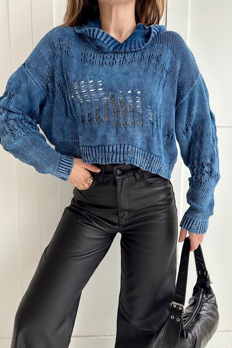 Kapüşonlu Triko Crop İndigo