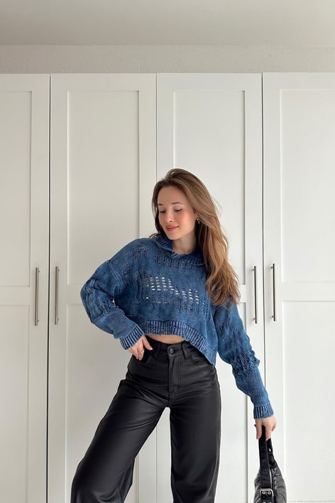 Kapüşonlu Triko Crop İndigo