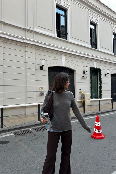 Kayık Yaka Kaşmir Kazak Füme