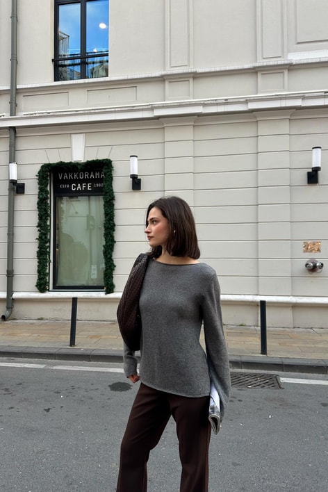 Kayık Yaka Kaşmir Kazak Füme