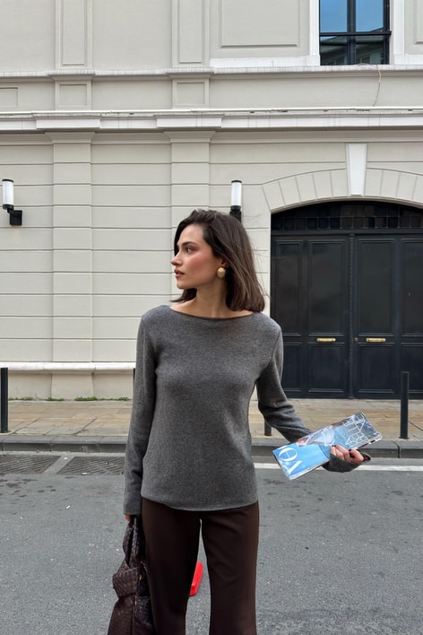 Kayık Yaka Kaşmir Kazak Füme