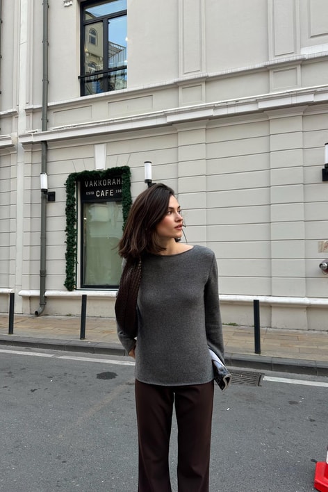 Kayık Yaka Kaşmir Kazak Füme