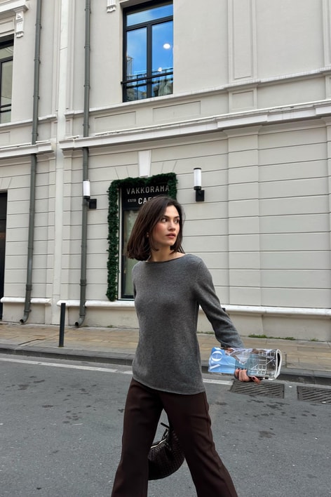 Kayık Yaka Kaşmir Kazak Füme