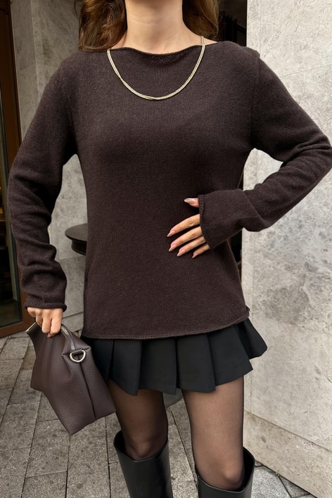 Kayık Yaka Kaşmir Kazak Kahve