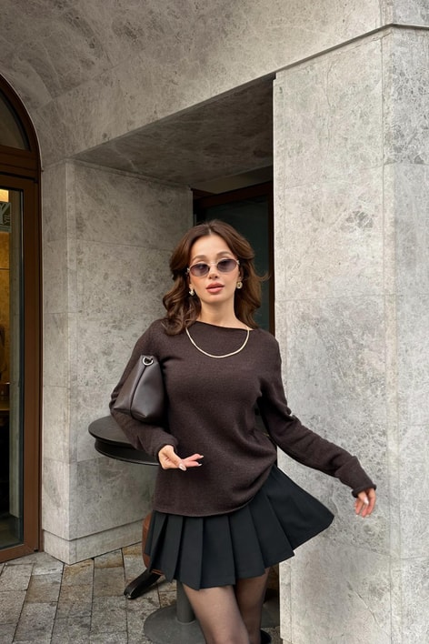 Kayık Yaka Kaşmir Kazak Kahve