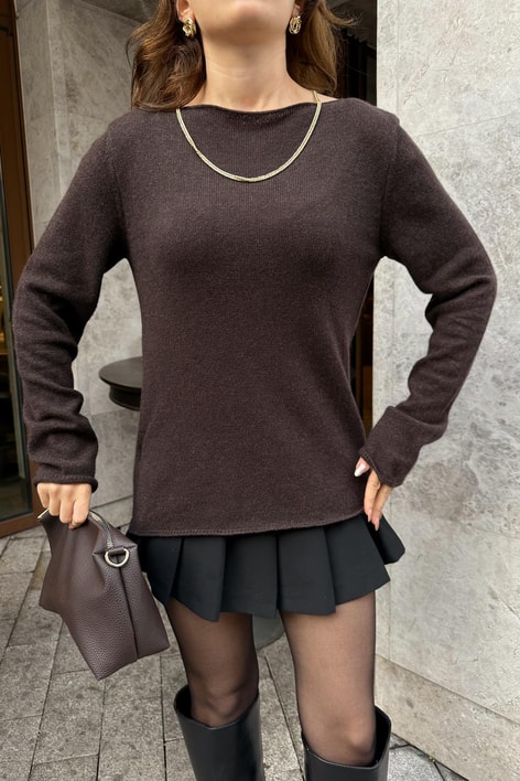 Kayık Yaka Kaşmir Kazak Kahve