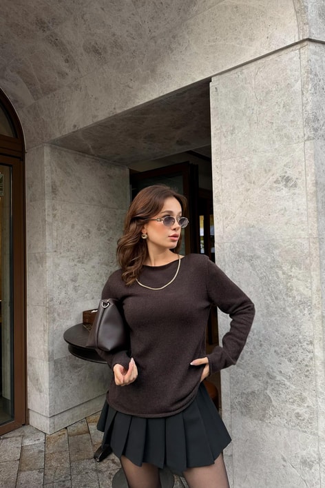 Kayık Yaka Kaşmir Kazak Kahve