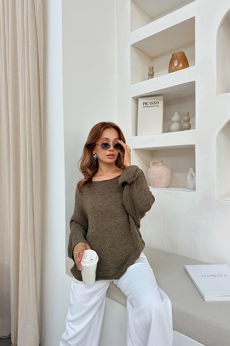 Kayık Yaka Salaş Triko Haki