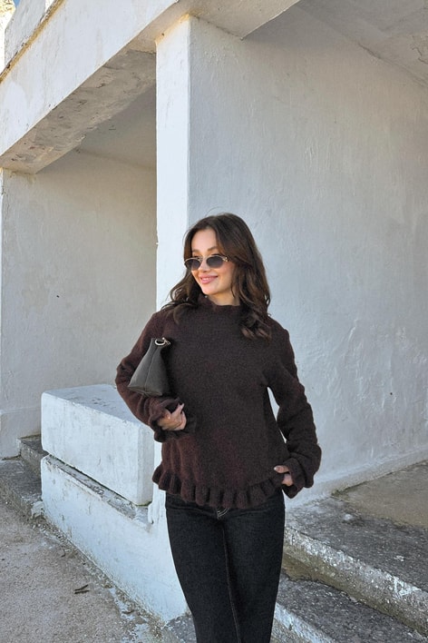 Mini Volanlı Triko Acı Kahve