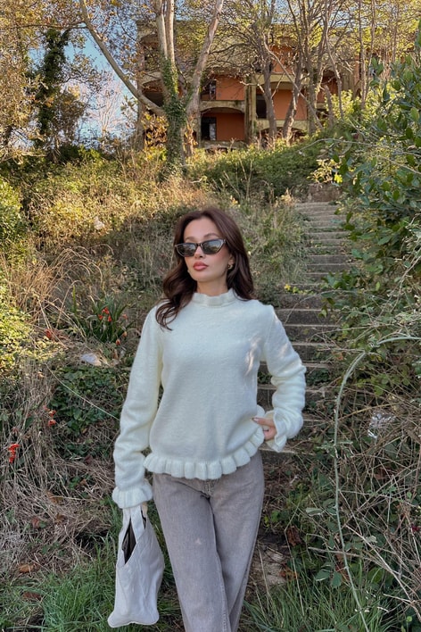 Mini Volanlı Triko Ekru