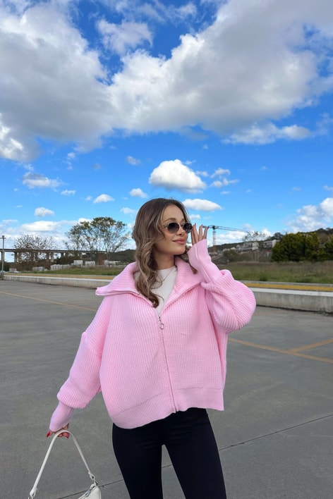 Nera Fermuarlı Triko Pembe