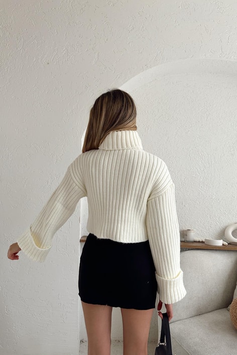 Örgü Balıkçı Yaka Triko Kazak Ekru