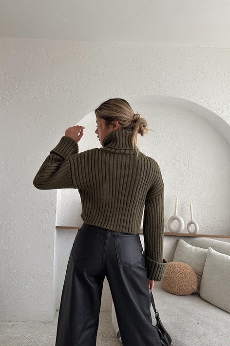 Örgü Balıkçı Yaka Triko Kazak Haki