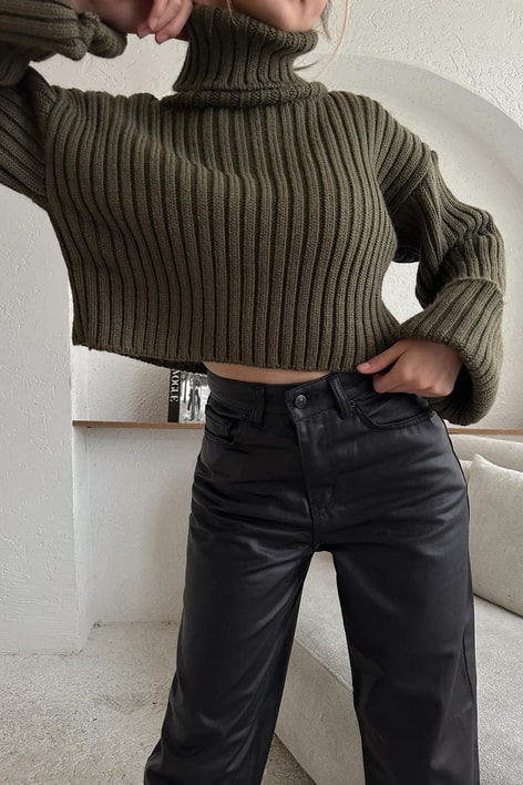 Örgü Balıkçı Yaka Triko Kazak Haki