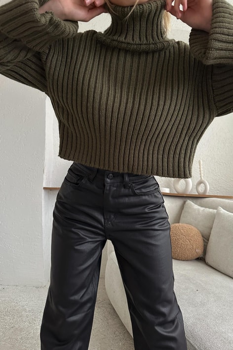 Örgü Balıkçı Yaka Triko Kazak Haki