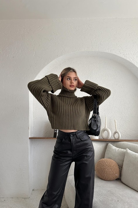 Örgü Balıkçı Yaka Triko Kazak Haki