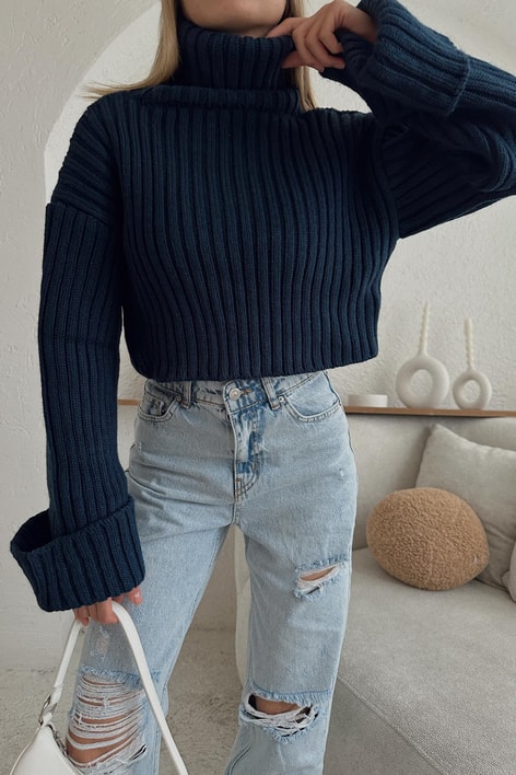 Örgü Balıkçı Yaka Triko Kazak Lacivert