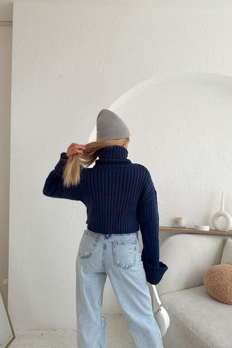 Örgü Balıkçı Yaka Triko Kazak Lacivert