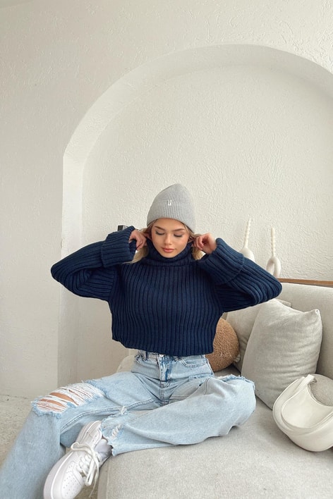 Örgü Balıkçı Yaka Triko Kazak Lacivert