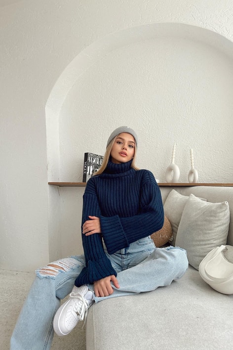 Örgü Balıkçı Yaka Triko Kazak Lacivert