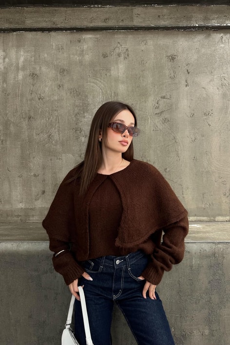 Pelerin Yaka Triko Kahve