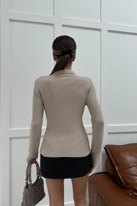 Polo Yaka Çıtçıtlı Triko Bej