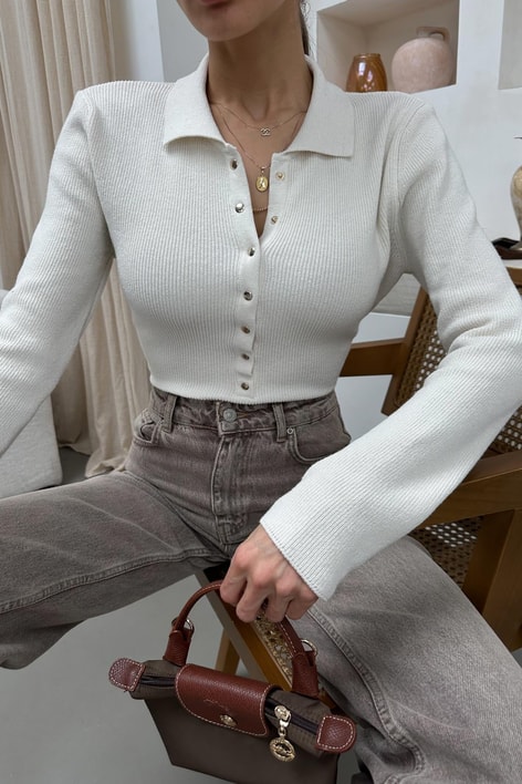 Polo Yaka Çıtçıtlı Triko Krem