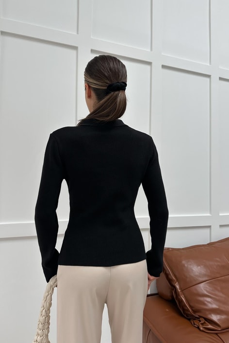 Polo Yaka Çıtçıtlı Triko Siyah