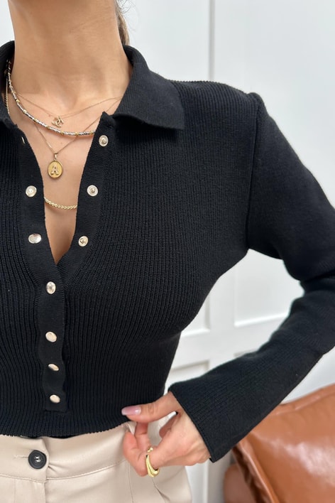 Polo Yaka Çıtçıtlı Triko Siyah