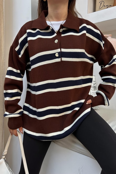 Polo Yaka Çizgili Kazak Kahve