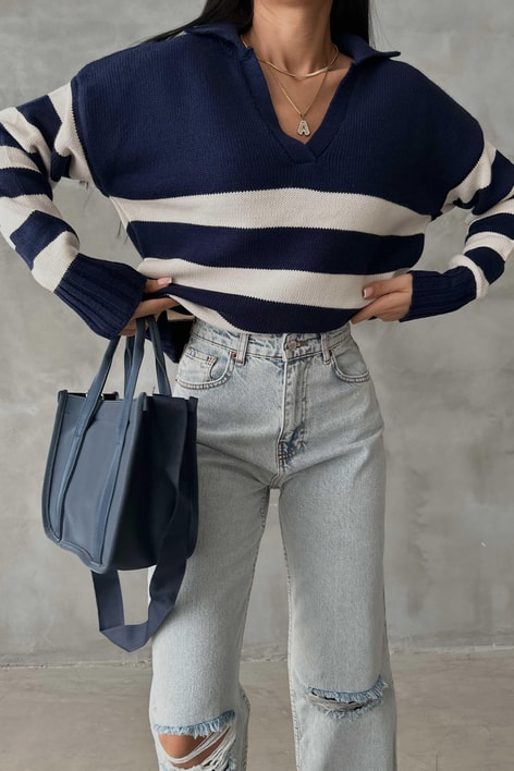 Polo Yaka Çizgili Triko Kazak Lacivert