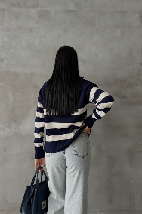 Polo Yaka Çizgili Triko Kazak Lacivert