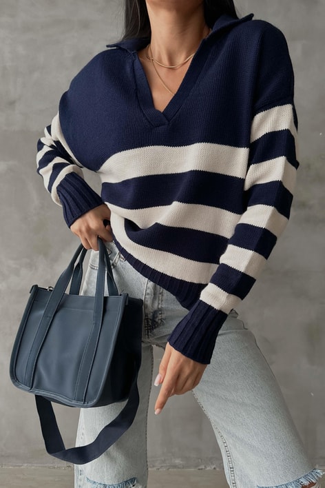 Polo Yaka Çizgili Triko Kazak Lacivert