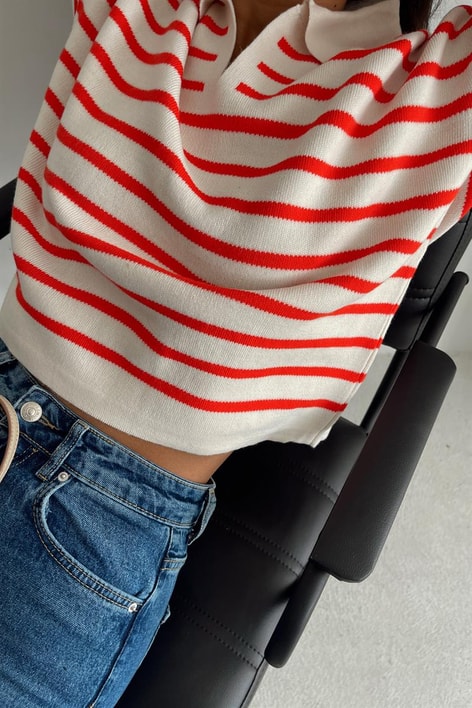 Polo Yaka Çizgili Triko Kazak Nar Çiçeği