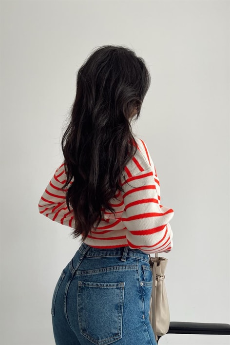 Polo Yaka Çizgili Triko Kazak Nar Çiçeği